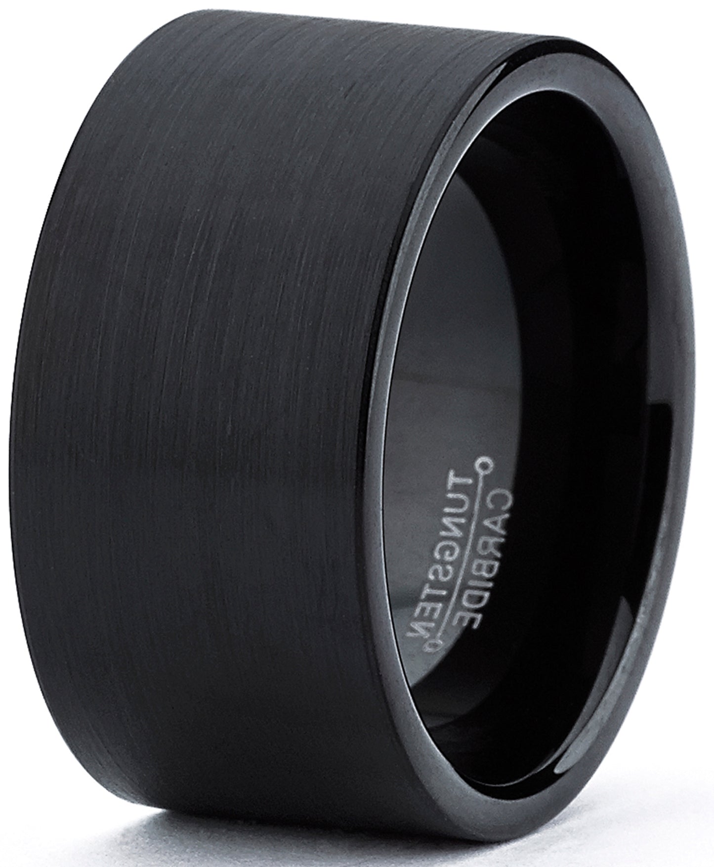 Tungsten Carbide Men's Flat Top Black Brushed Ring Band, 12 mm Comfort Fit Sizes 8 to 15