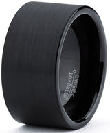 Tungsten Carbide Men's Flat Top Black Brushed Ring Band, 12 mm Comfort Fit Sizes 8 to 15