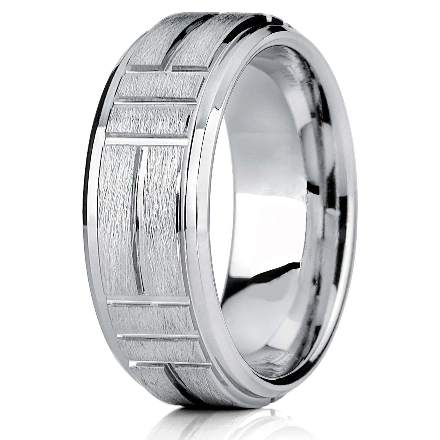 Tungsten Carbide Men's Textured Brushed Grooved Wedding Band Ring, Comfort Fit 8mm