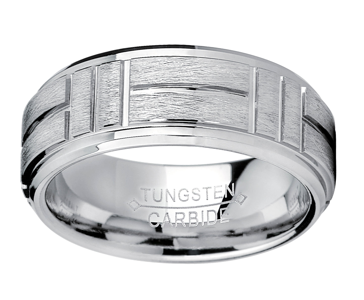 Tungsten Carbide Men's Textured Brushed Grooved Wedding Band Ring, Comfort Fit 8mm