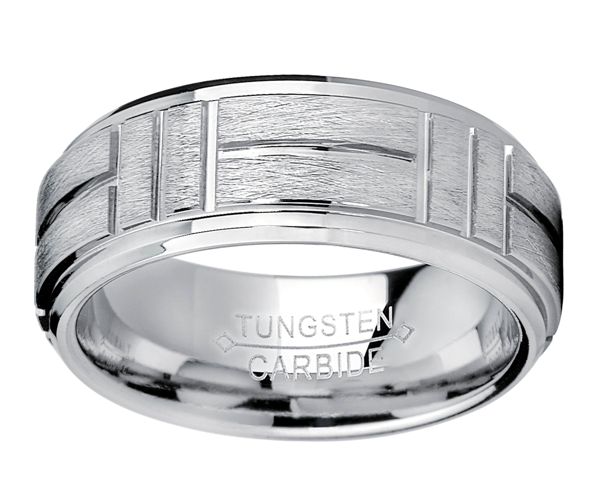 Tungsten Carbide Men's Textured Brushed Grooved Wedding Band Ring, Comfort Fit 8mm