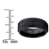 Tungsten Carbide Men's Black Textured Brushed Grooved Wedding Band Ring, Comfort Fit 8mm