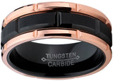 Tungsten Carbide Men's Black and RoseTone Brushed Grooved Wedding Band Engagement Ring, Comfort Fit 8mm