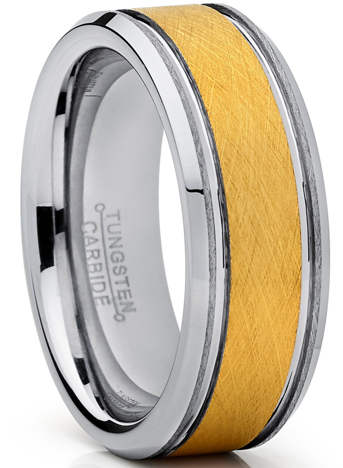 Tungsten Carbide Men's Goldtone Brushed Textured Center Ring Band, 8 mm Comfort Fit Sizes 7 to 15