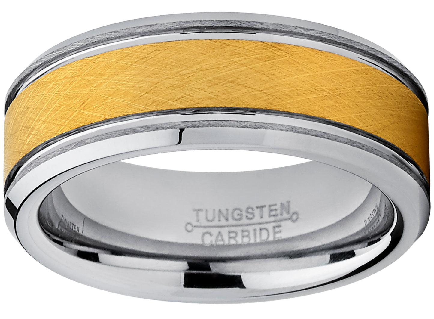Tungsten Carbide Men's Goldtone Brushed Textured Center Ring Band, 8 mm Comfort Fit Sizes 7 to 15