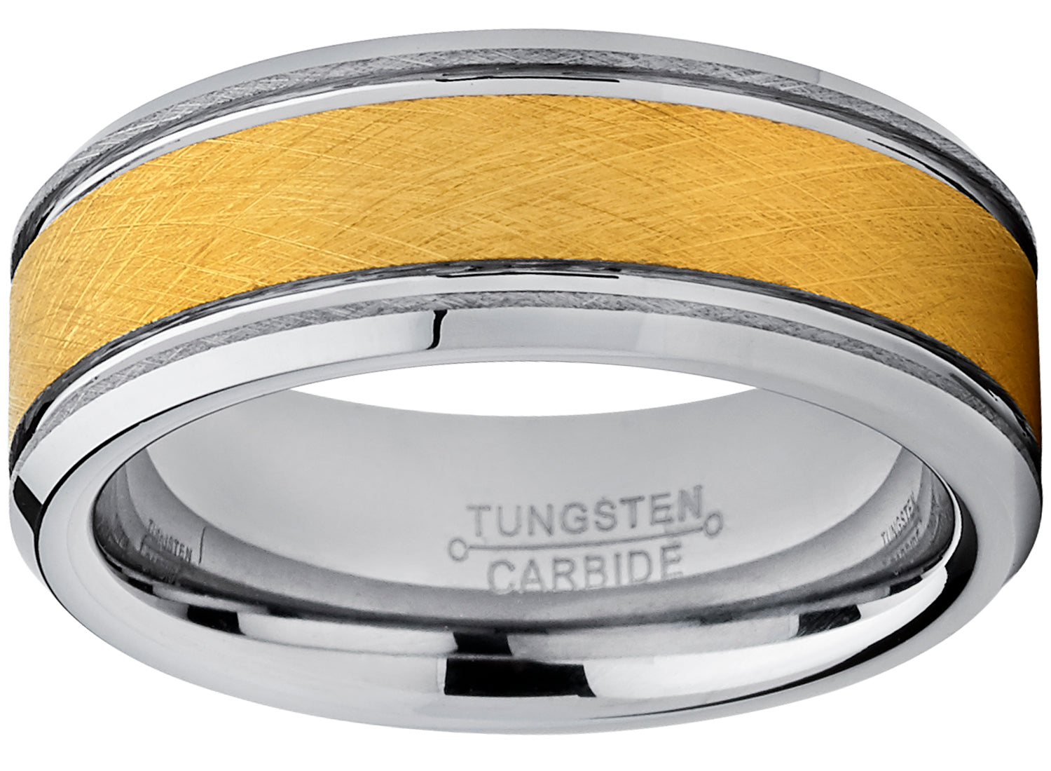 Tungsten Carbide Men's Goldtone Brushed Textured Center Ring Band, 8 mm Comfort Fit Sizes 7 to 15