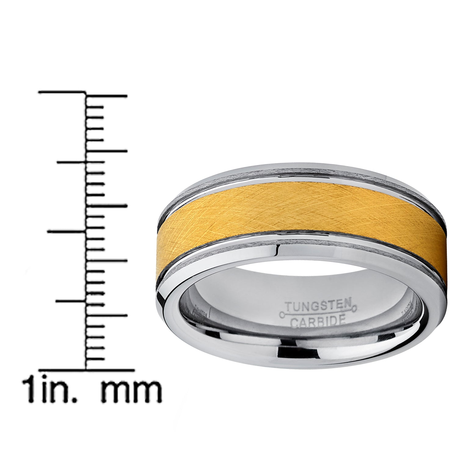 Tungsten Carbide Men's Goldtone Brushed Textured Center Ring Band, 8 mm Comfort Fit Sizes 7 to 15