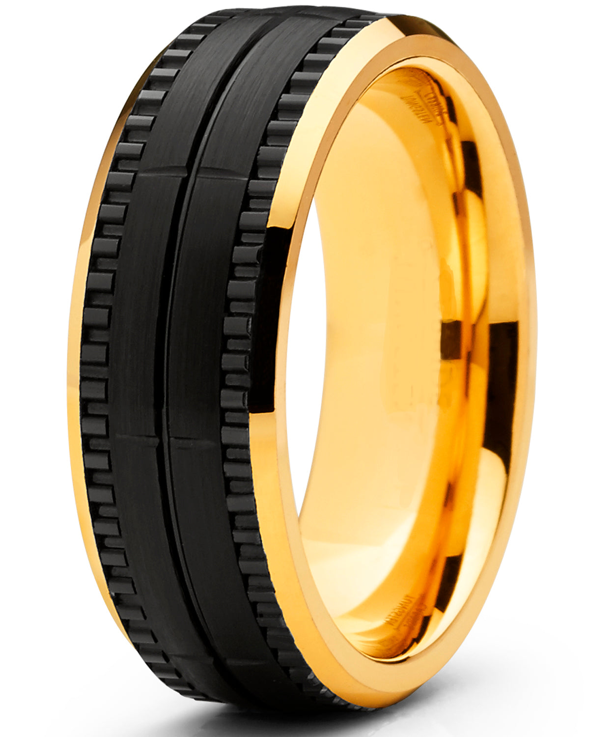 Men's Two Tone Black and Goldtone Textured Brushed Tungsten Wedding Ring, 8mm Comfort Fit Band
