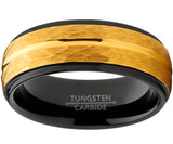 Men's Two Tone Black and Goldtone Hammered Brushed Tungsten Wedding Ring, 8mm Comfort Fit Band 7 to 15