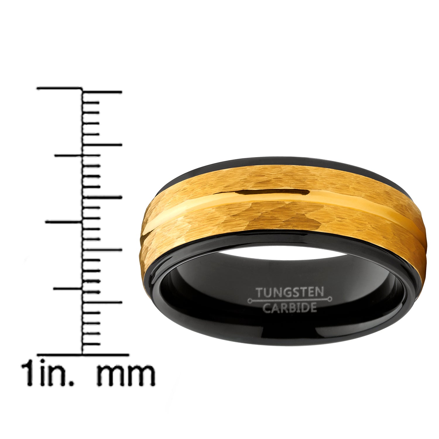 Men's Two Tone Black and Goldtone Hammered Brushed Tungsten Wedding Ring, 8mm Comfort Fit Band 7 to 15