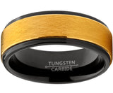 Men's Two Tone Black and Goldtone Textured Brushed Tungsten Wedding Ring, 8mm Comfort Fit Band 7 to 15