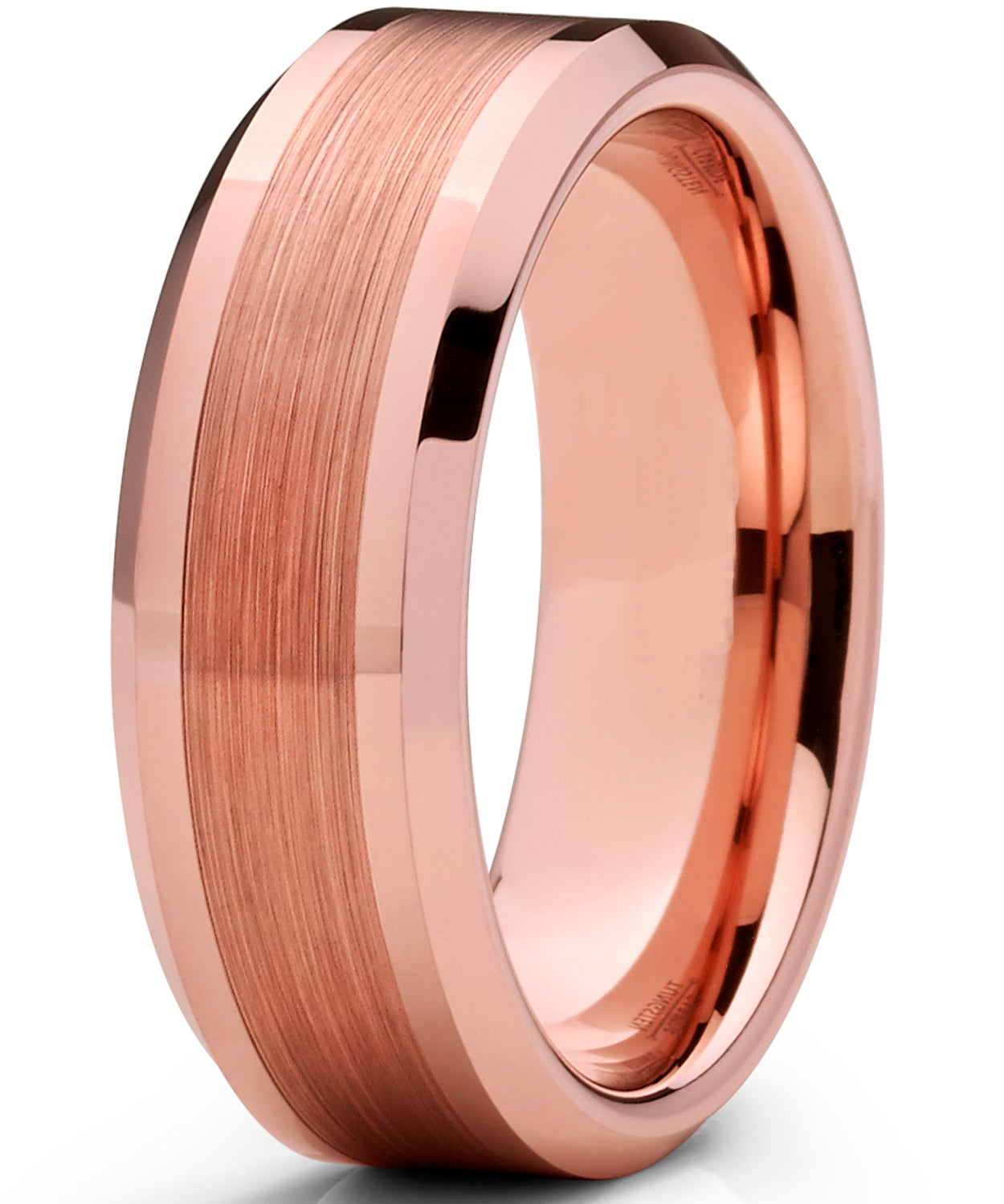Men's Tungsten Carbide Wedding Band Ring, 8mm Flat Top Brushed Rose Tone, Pink Comfort Fit Band 7 to 15