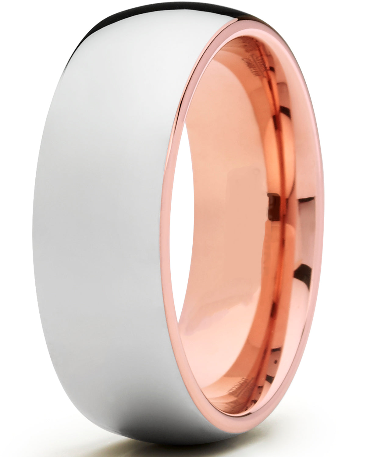 Men's Tungsten Carbide Wedding Band Ring, 8mm Dome High Polish Rose Tone Pink Comfort Fit Band
