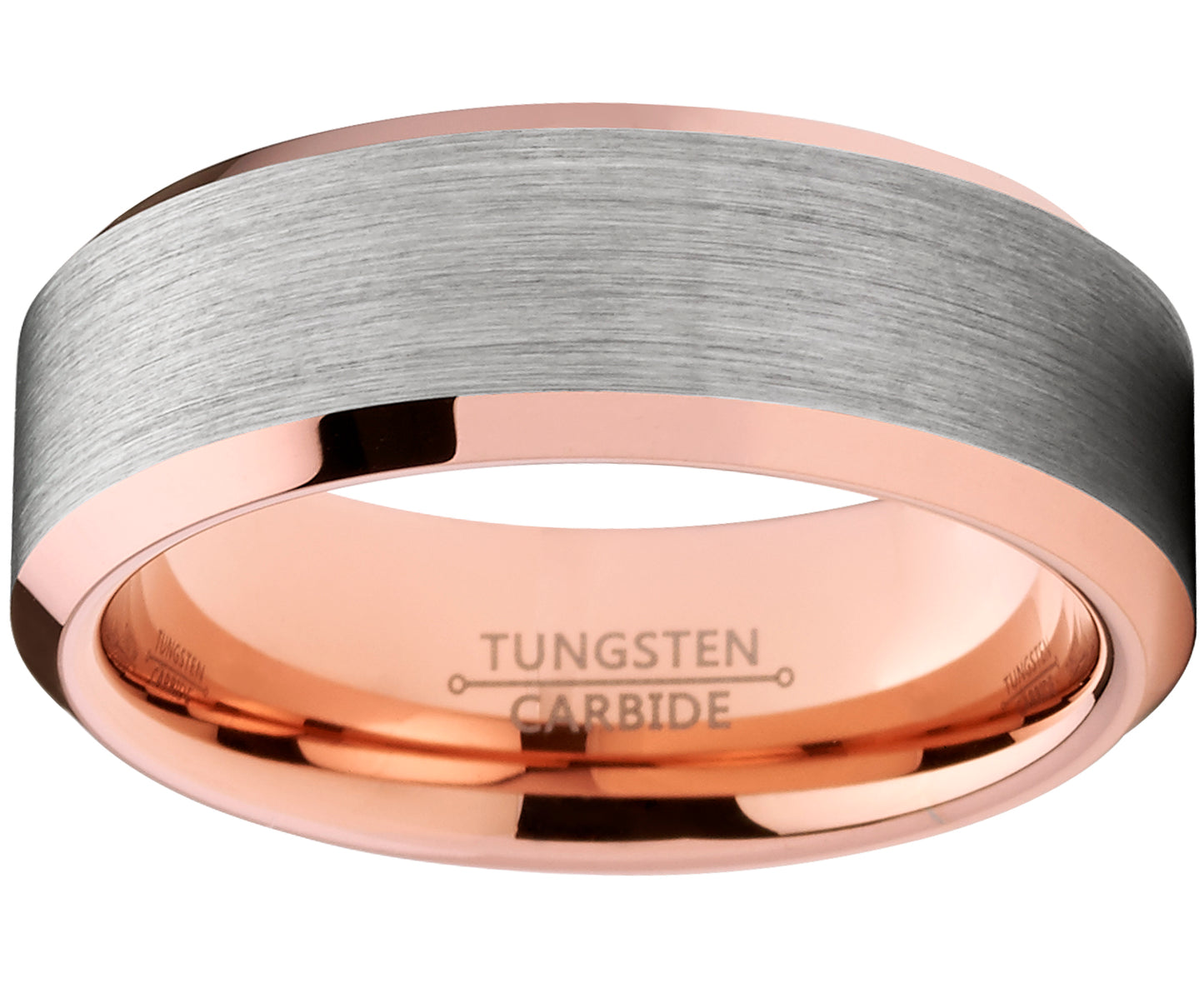 Men's Tungsten Carbide Wedding Band Ring, 8mm Flat Top Brushed Rose Tone, Pink Comfort Fit Band 7 to 15