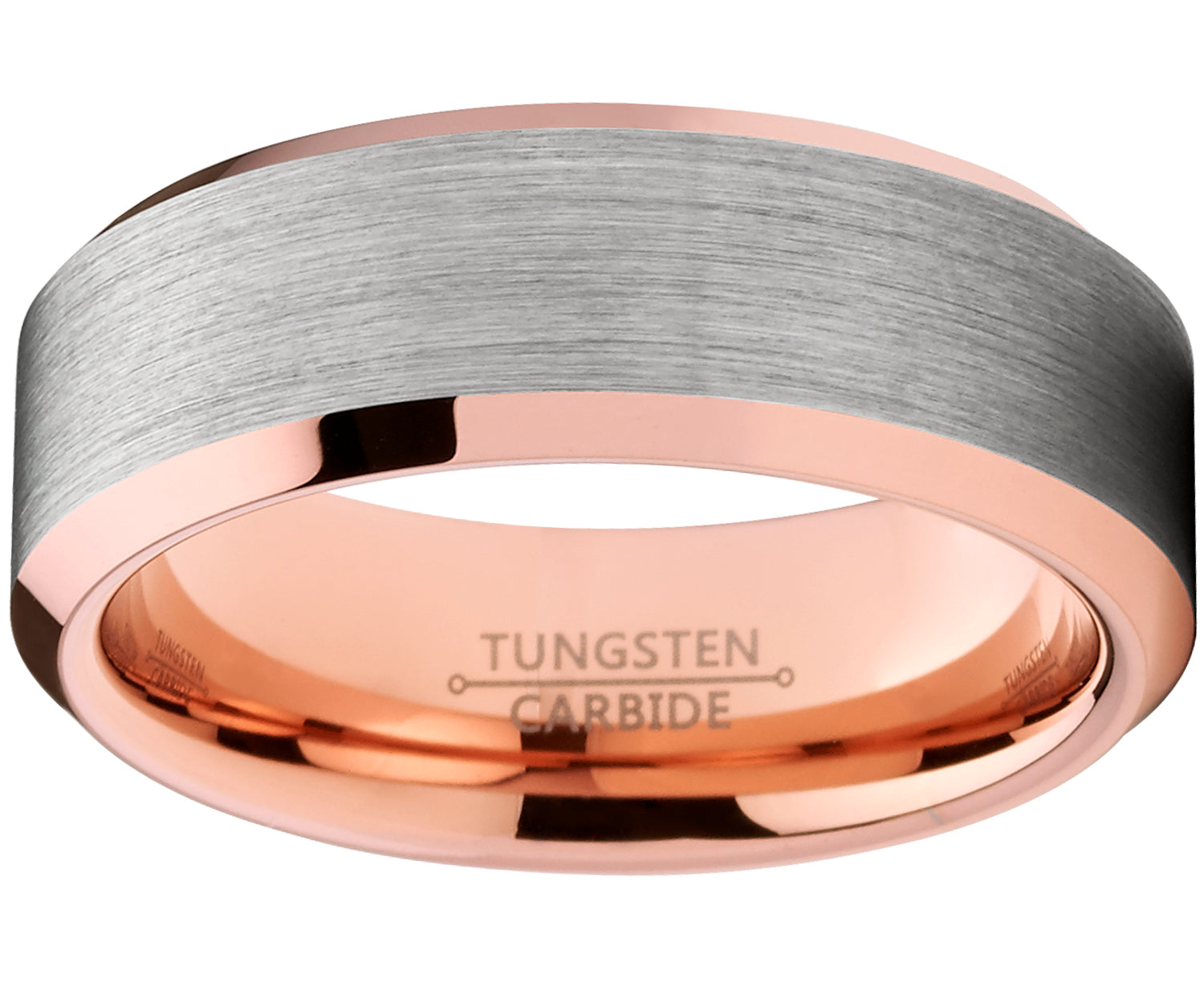 Men's Tungsten Carbide Wedding Band Ring, 8mm Flat Top Brushed Rose Tone, Pink Comfort Fit Band 7 to 15