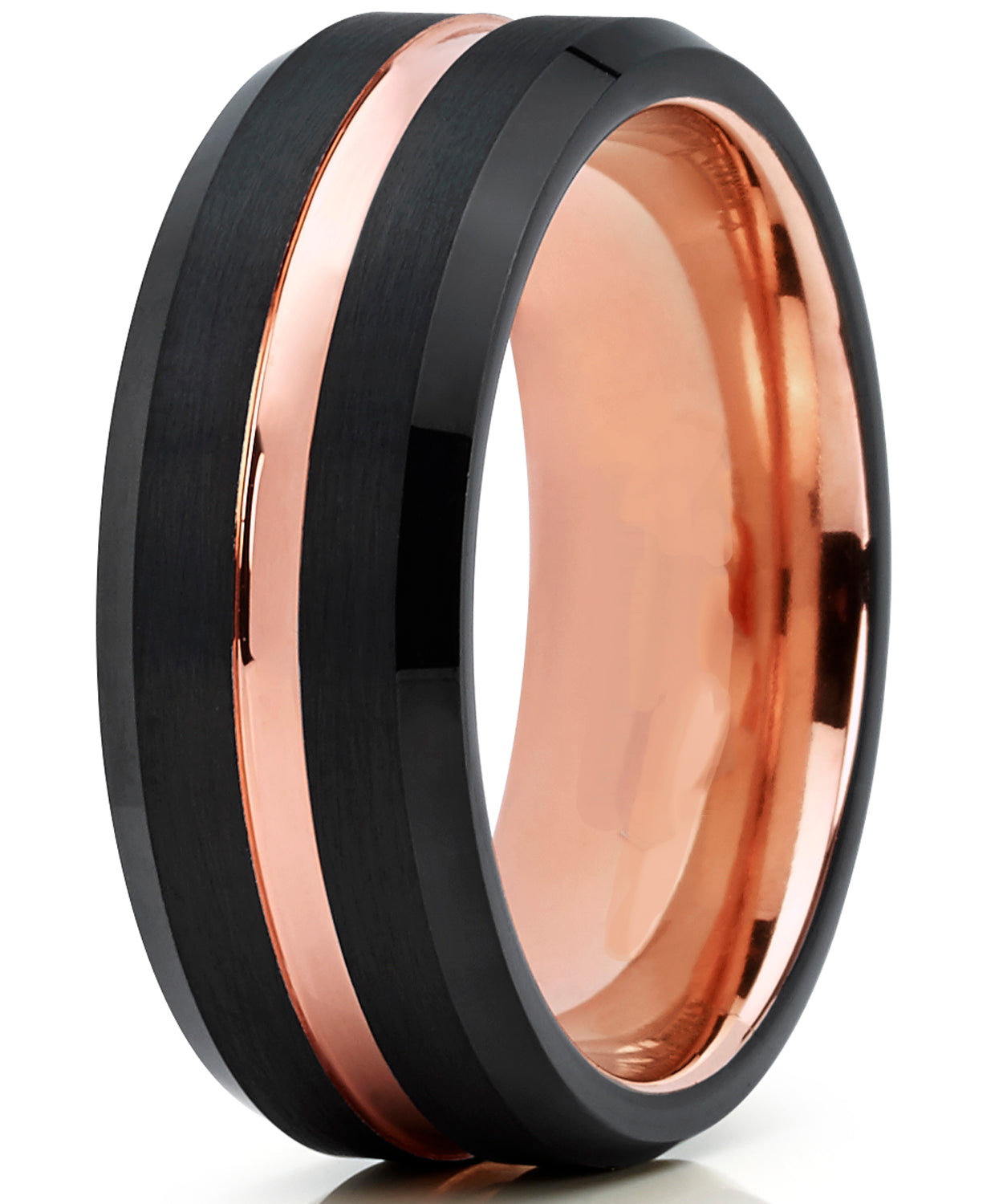Tungsten Carbide Men's Black and RoseTone Brushed Grooved Wedding Band Engagement Ring, Comfort Fit 7-13