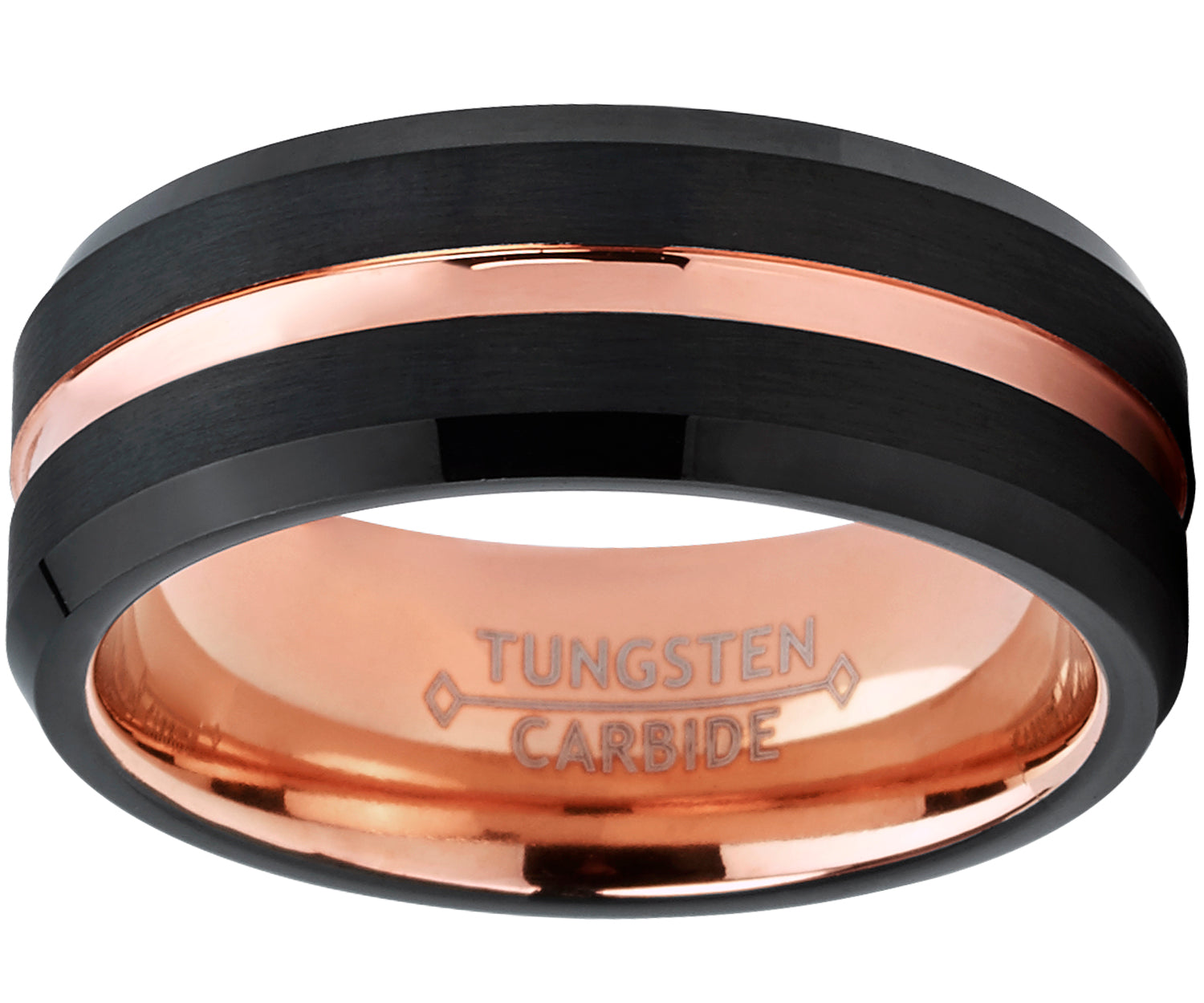 Tungsten Carbide Men's Black and RoseTone Brushed Grooved Wedding Band Engagement Ring, Comfort Fit 7-13