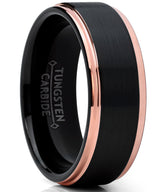 Men's Tungsten Carbide Black and RoseTone Brushed Raised Center Wedding Band Engagement Ring, Comfort Fit
