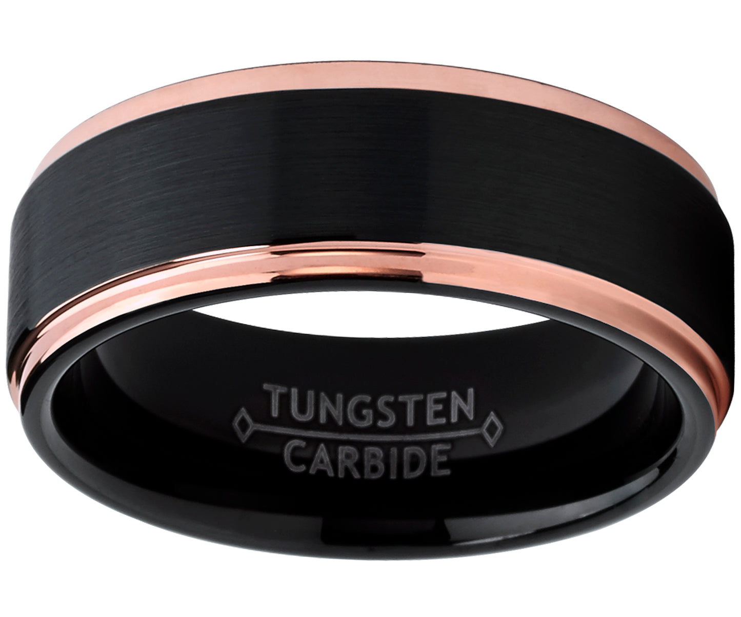Men's Tungsten Carbide Black and RoseTone Brushed Raised Center Wedding Band Engagement Ring, Comfort Fit
