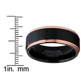 Men's Tungsten Carbide Black and RoseTone Brushed Raised Center Wedding Band Engagement Ring, Comfort Fit