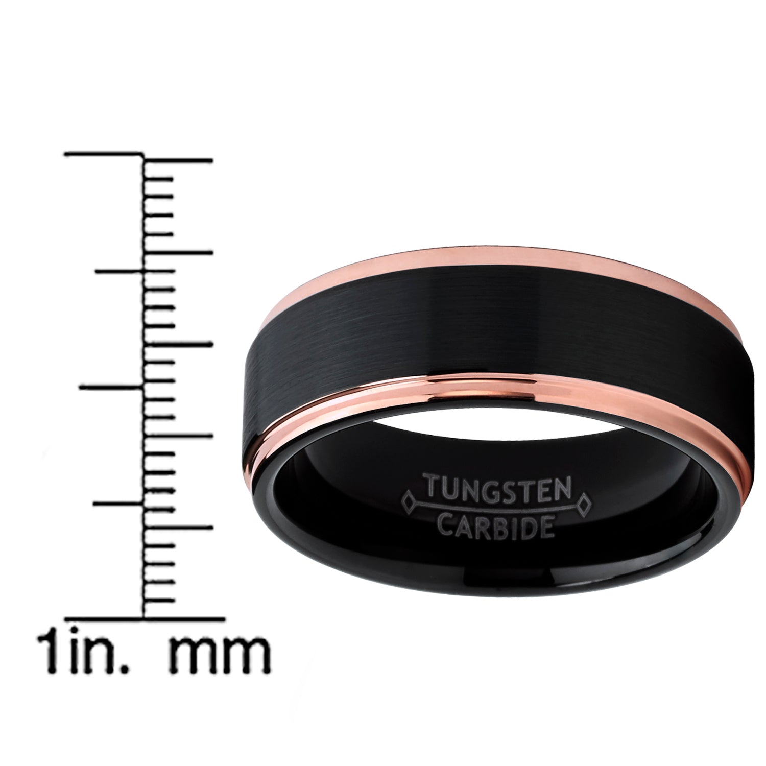 Men's Tungsten Carbide Black and RoseTone Brushed Raised Center Wedding Band Engagement Ring, Comfort Fit