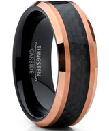 Men's Tungsten Carbide Black and RoseTone Brushed Wedding Band Engagement Ring Carbon Fiber Inlay, 8mm