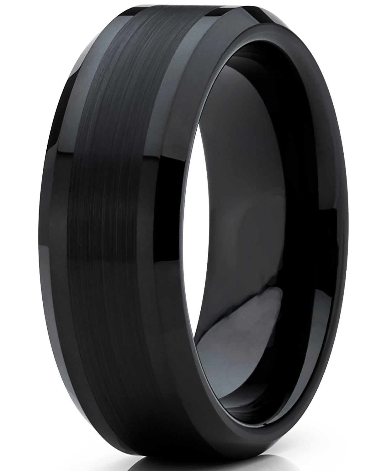 Tungsten Carbide Men's Black Brushed Center Wedding Band Engagement Ring,  8 mm Comfort Fit
