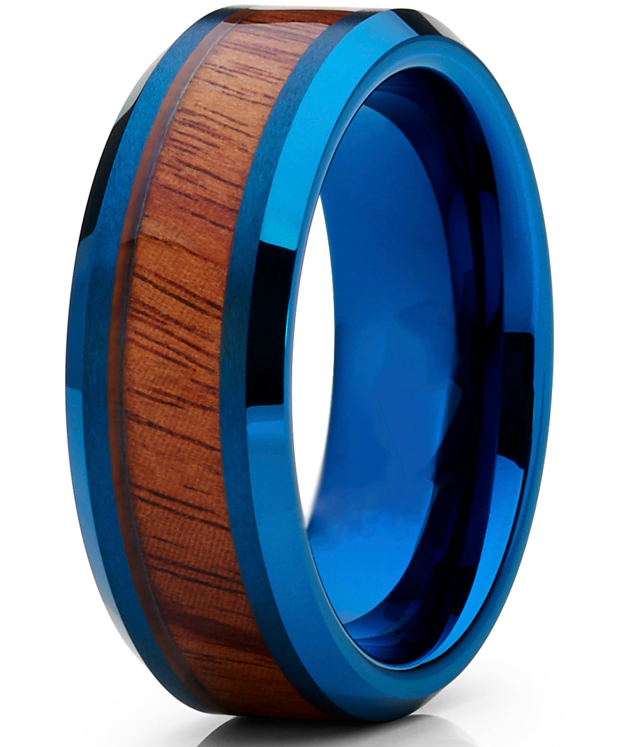 Tungsten Carbide Men's Blue Brushed Wedding Band Engagement Ring with Real Santos Wood Inlay, Comfort Fit 8mm