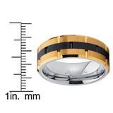 Tungsten Carbide Men's Black and GoldTone Brushed Grooved Wedding Band Engagement Ring, Comfort Fit 8mm