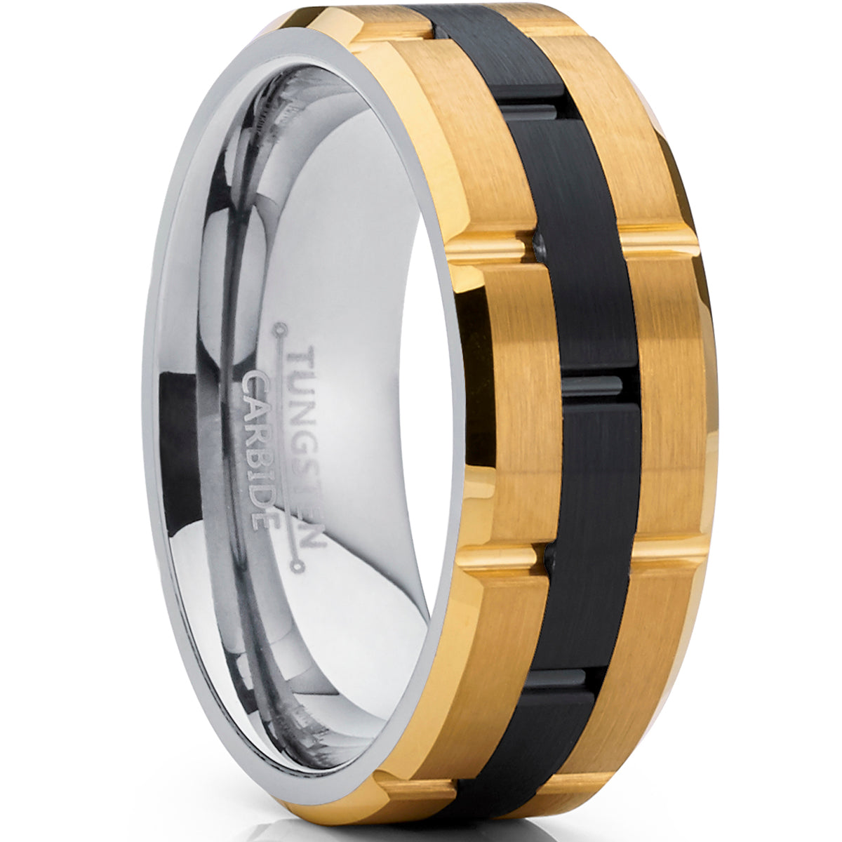 Tungsten Carbide Men's Black and GoldTone Brushed Grooved Wedding Band Engagement Ring, Comfort Fit 8mm