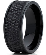 Men's Black Tungsten Carbide Wedding Band Engagement Ring Diamond Treaded Design, Flat Top 9mm