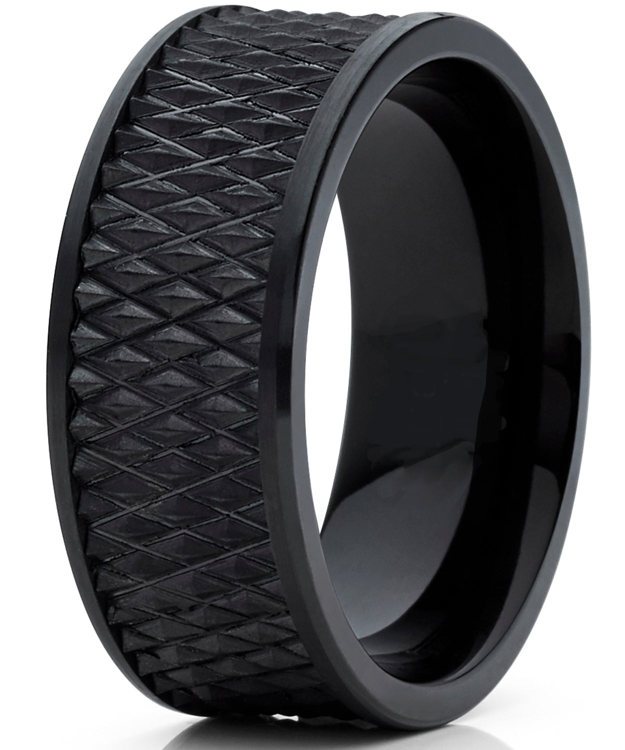 Men's Black Tungsten Carbide Wedding Band Engagement Ring Diamond Treaded Design, Flat Top 9mm