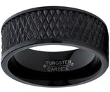 Men's Black Tungsten Carbide Wedding Band Engagement Ring Diamond Treaded Design, Flat Top 9mm