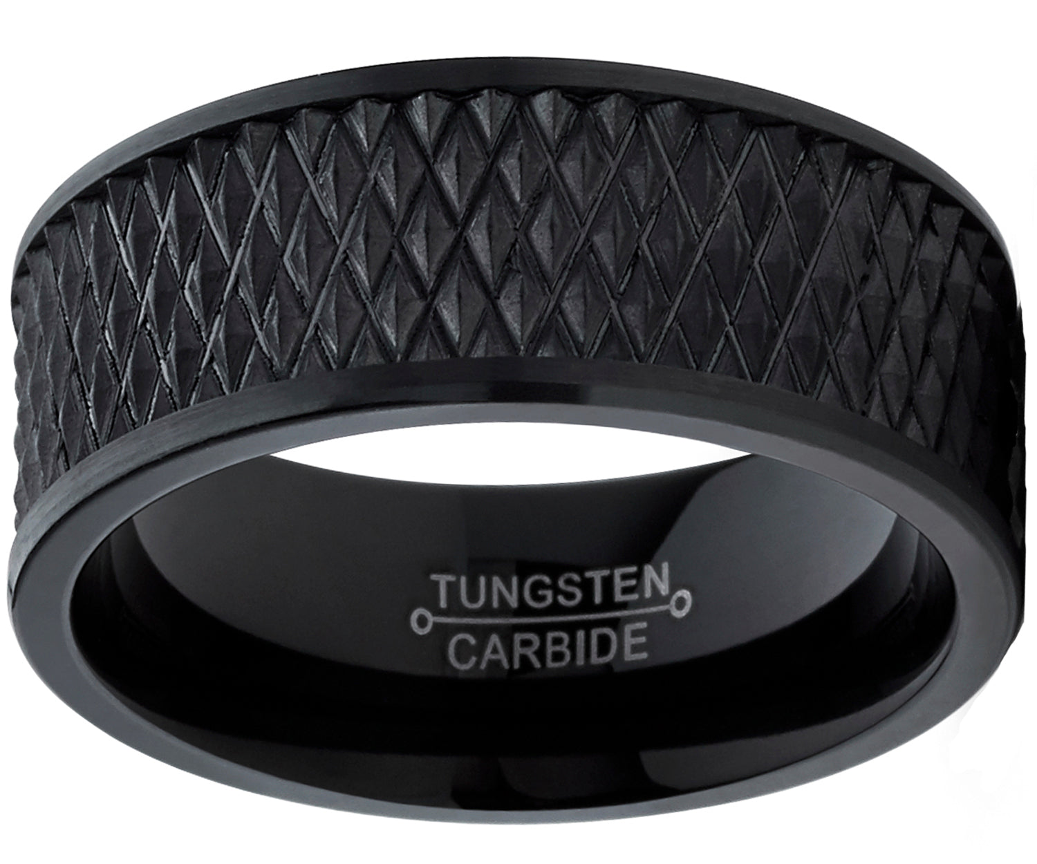 Men's Black Tungsten Carbide Wedding Band Engagement Ring Diamond Treaded Design, Flat Top 9mm