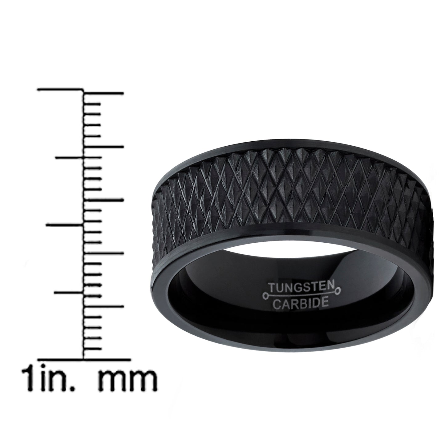 Men's Black Tungsten Carbide Wedding Band Engagement Ring Diamond Treaded Design, Flat Top 9mm