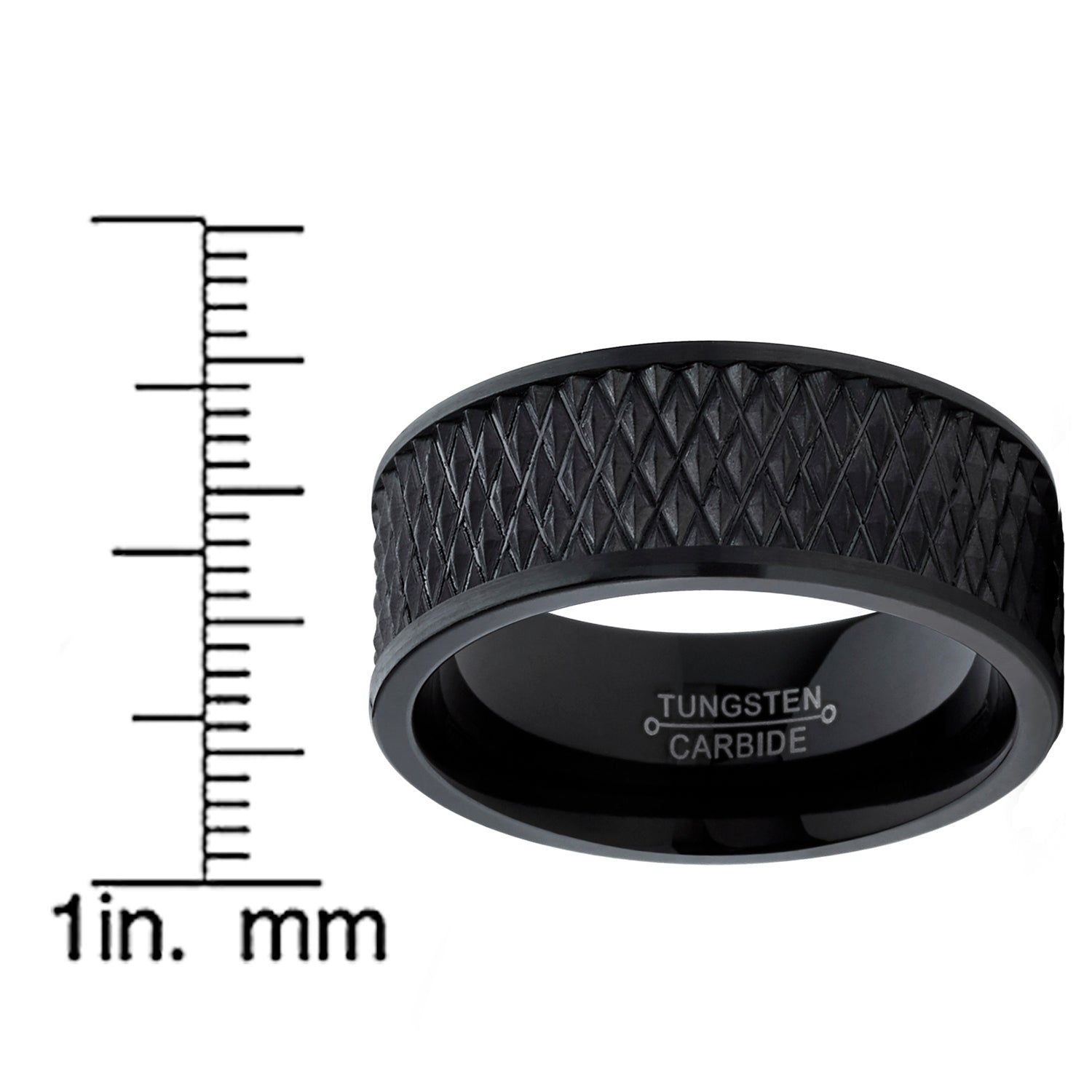 Men's Black Tungsten Carbide Wedding Band Engagement Ring Diamond Treaded Design, Flat Top 9mm