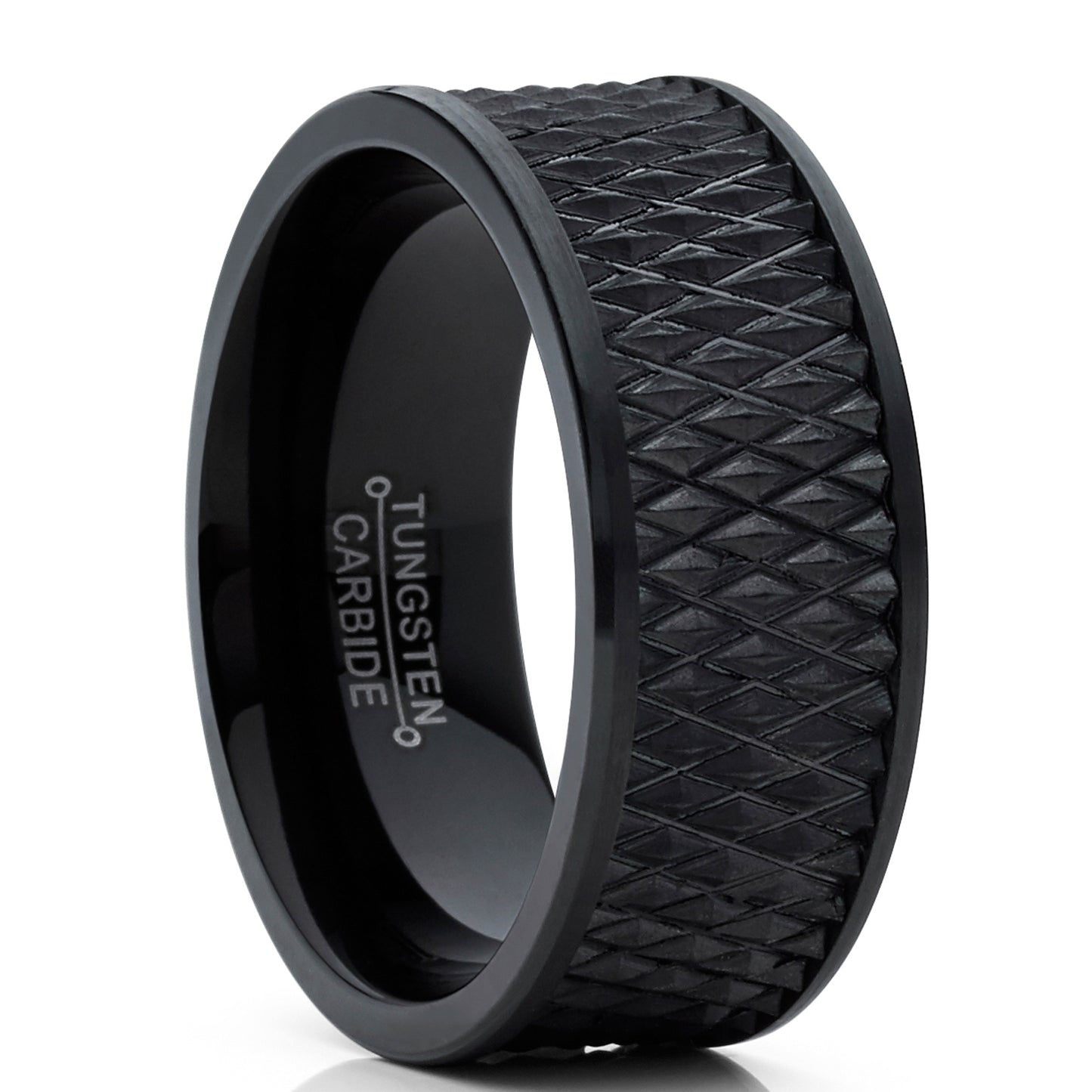 Men's Black Tungsten Carbide Wedding Band Engagement Ring Diamond Treaded Design, Flat Top 9mm