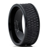 Men's Black Tungsten Carbide Wedding Band Engagement Ring Diamond Treaded Design, Flat Top 9mm