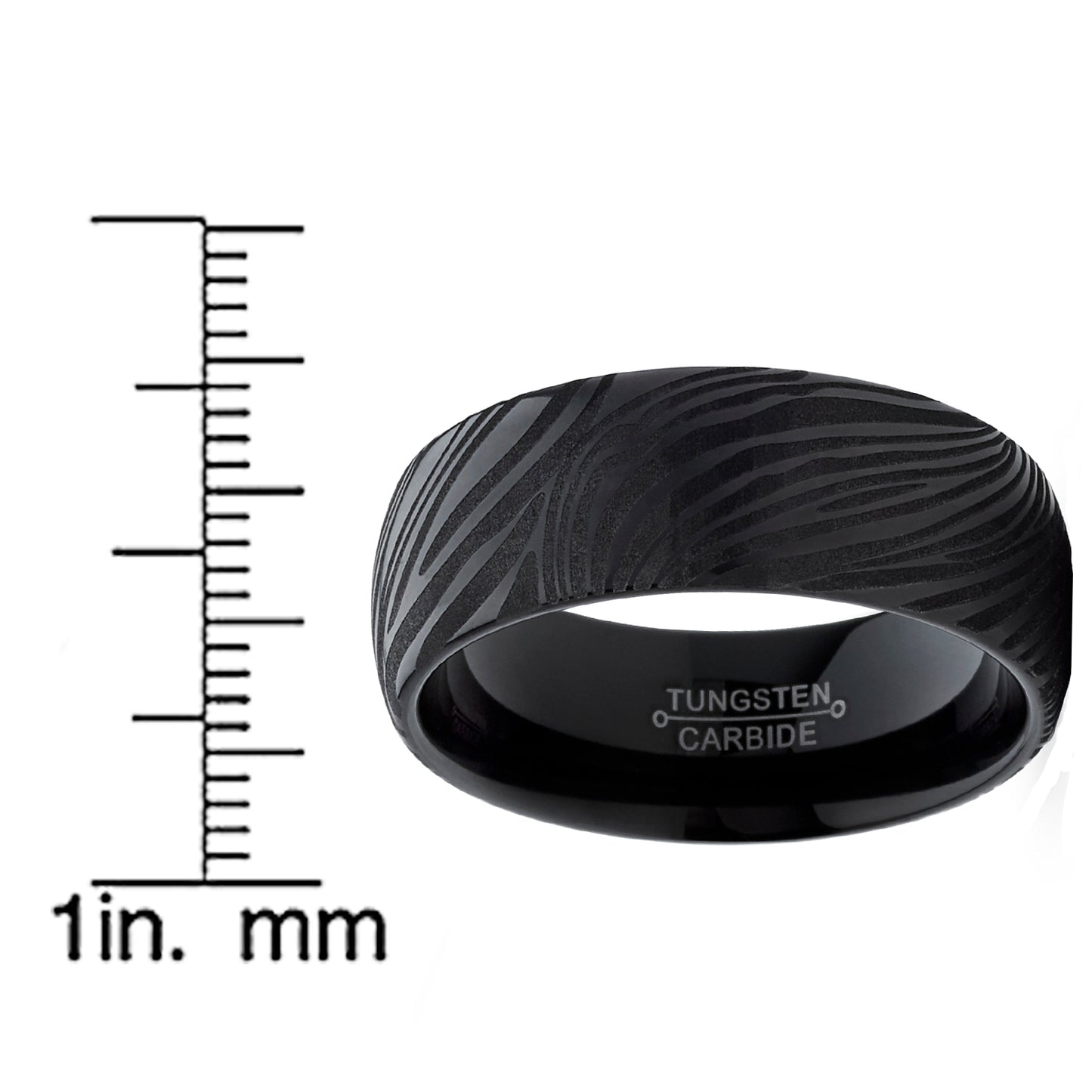 Men's Black Tungsten Carbide Dome Wedding Band Engagement Ring with Damascus Style Texture 8mm 7-15