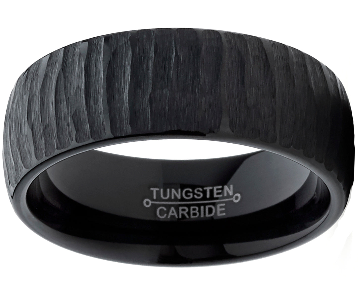 Men's Black Tungsten Carbide Dome Wedding Band Engagement Ring Chieseled Tree Bark Textured Design