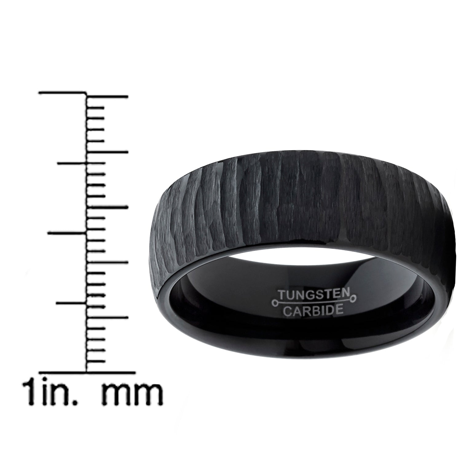 Men's Black Tungsten Carbide Dome Wedding Band Engagement Ring Chieseled Tree Bark Textured Design