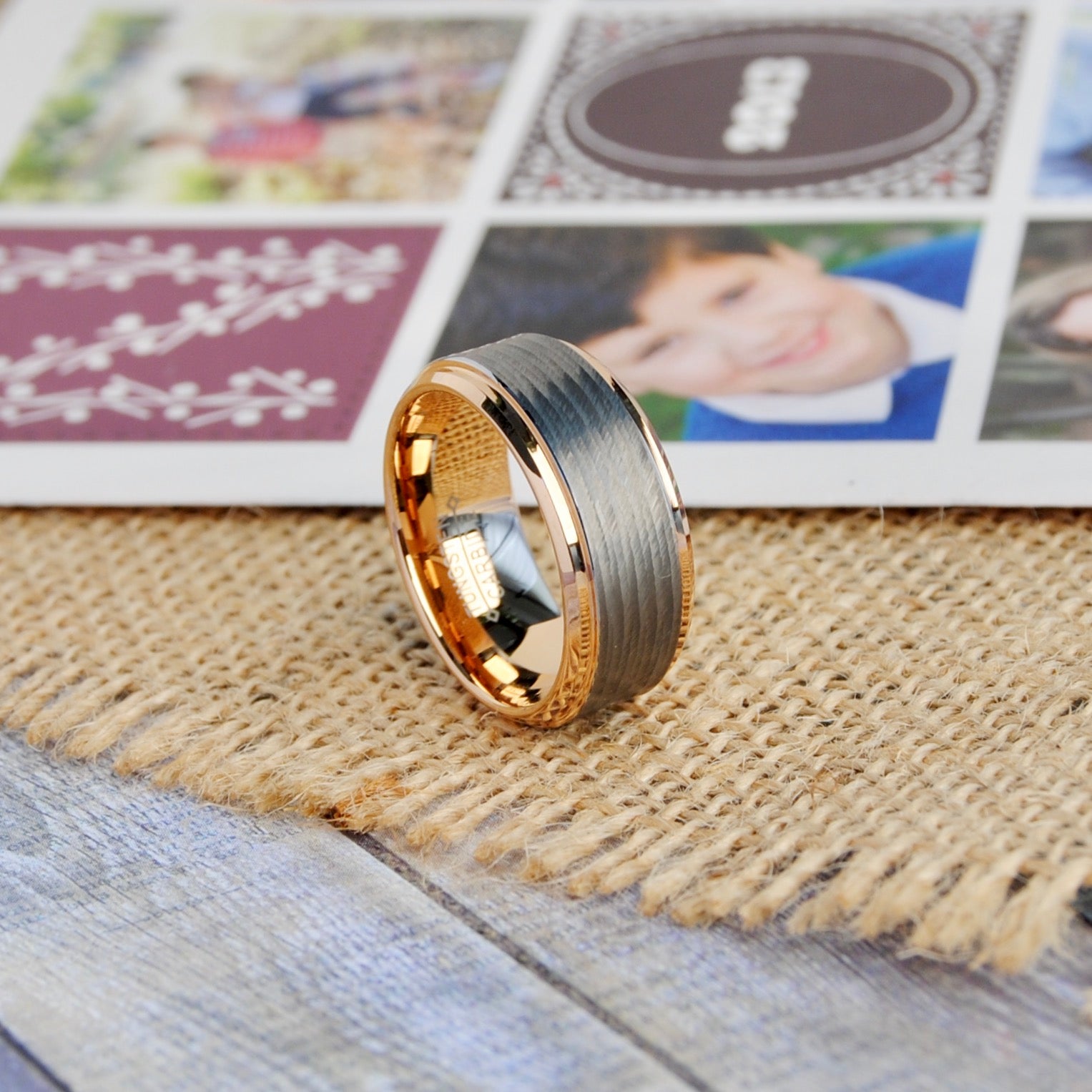 Men's Rose Tone Tungsten Carbide Wedding Band Ring With Banded Satin Stripes and Beveled Edges 9mm