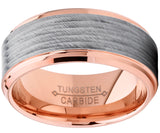 Men's Rose Tone Tungsten Carbide Wedding Band Ring With Banded Satin Stripes and Beveled Edges 9mm