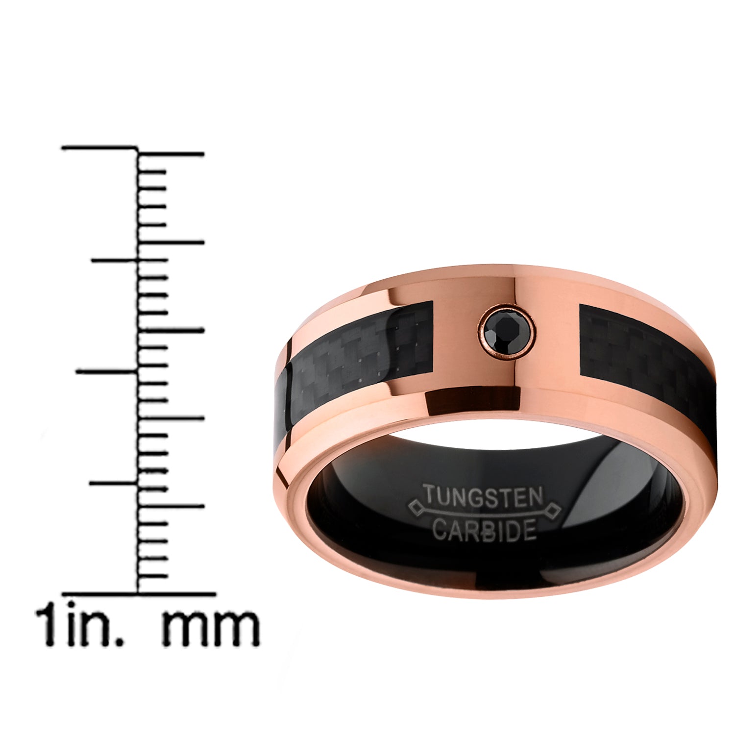 Men's Rose Tone Tungsten Carbide Wedding Band with Black Diamond and Carbon Fiber Inlay 8mm
