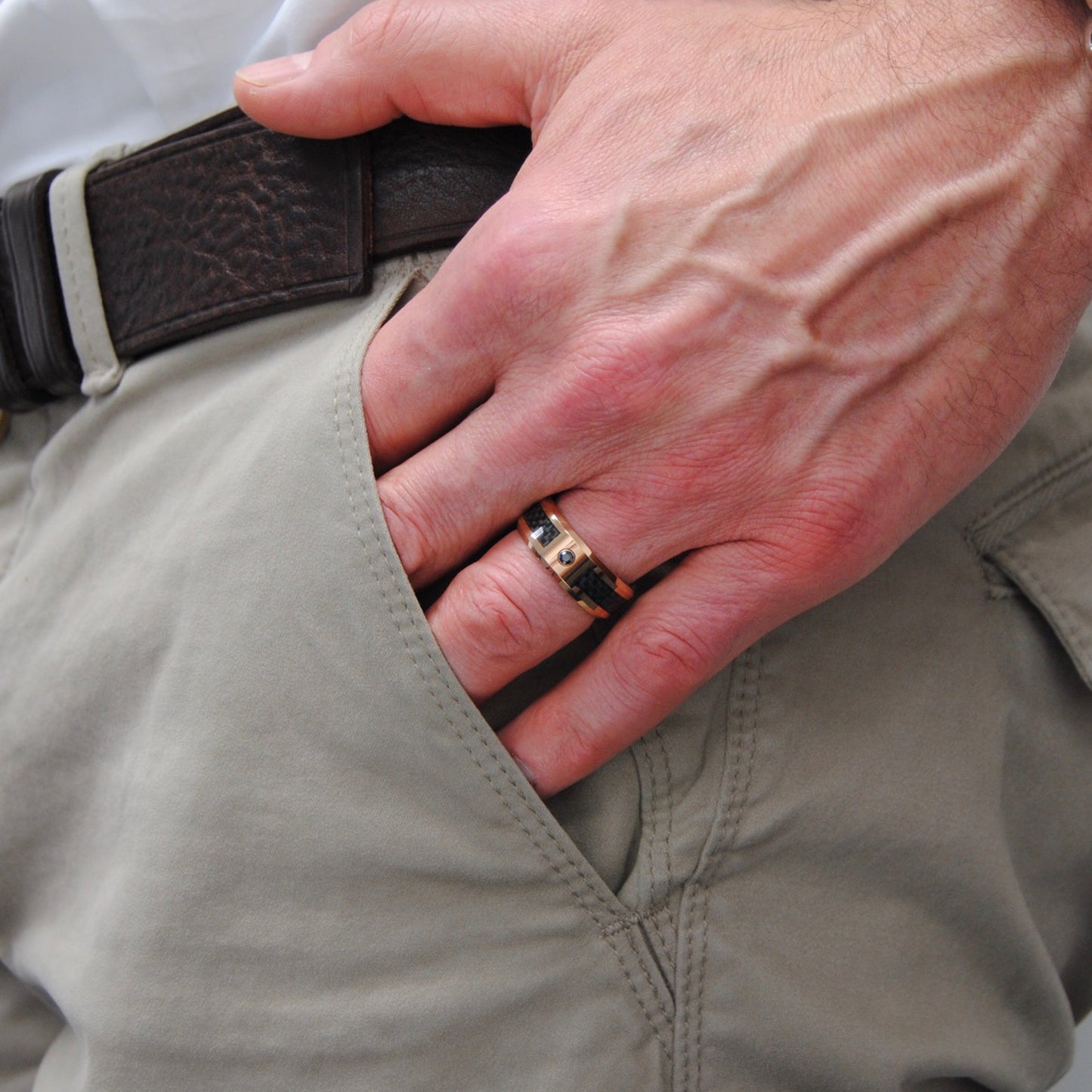 Men's Rose Tone Tungsten Carbide Wedding Band with Black Diamond and Carbon Fiber Inlay 8mm