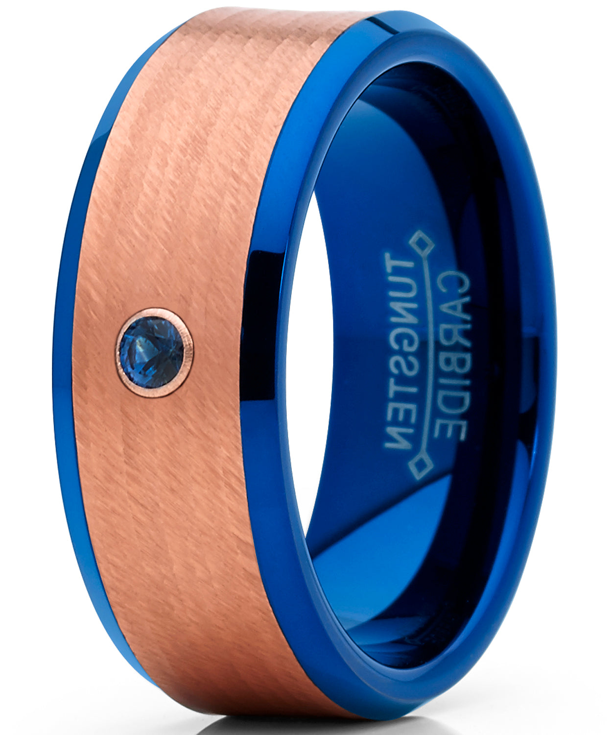 Men's Blue and Rose Tone Tungsten Wedding Band wih Real Sapphire Gemstone Ring with Banded Satin Hammered Finish