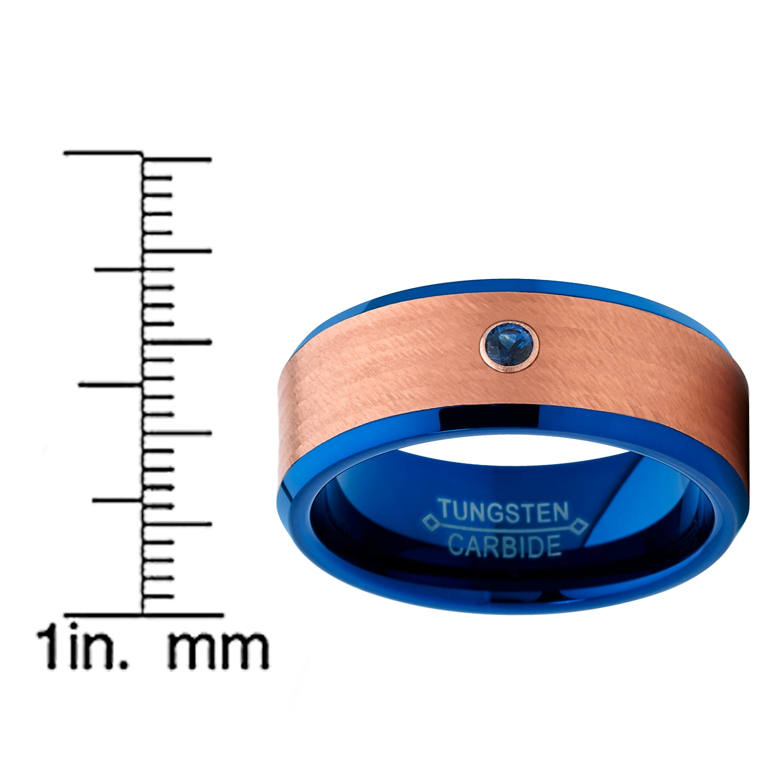 Men's Blue and Rose Tone Tungsten Wedding Band wih Real Sapphire Gemstone Ring with Banded Satin Hammered Finish