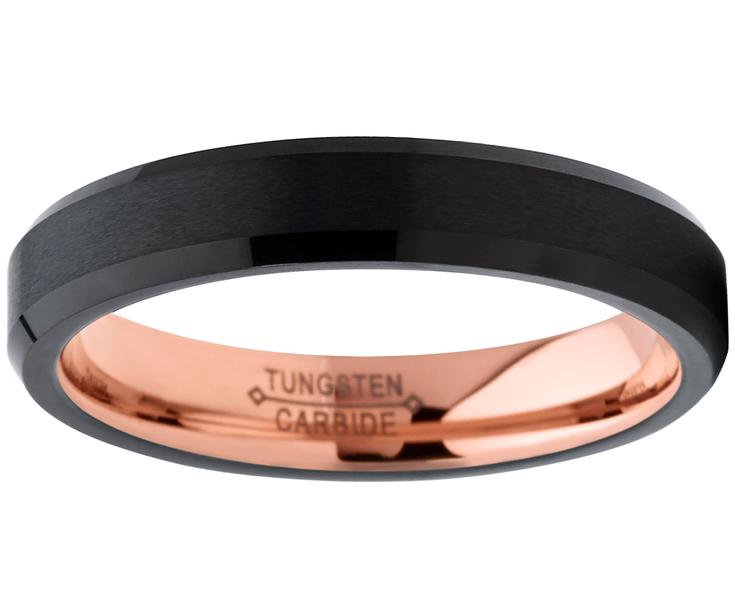 4mm Wide Tungsten Carbide Black and RoseTone Brushed Wedding Band Engagement Ring, Comfort Fit 5-12