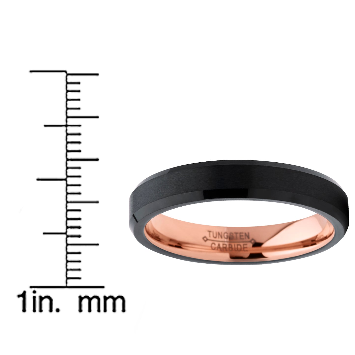 4mm Wide Tungsten Carbide Black and RoseTone Brushed Wedding Band Engagement Ring, Comfort Fit 5-12