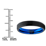 4mm Wide Tungsten Carbide Brushed Black and Blue Wedding Band Engagement Ring, Comfort Fit
